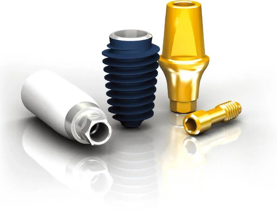 Dental components: implant, abutment, tooth-colored composite.